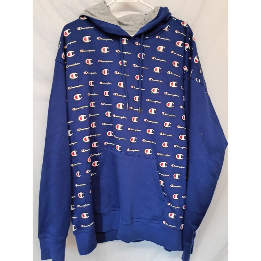Champion All Over Print Hoodie 2XL Royal Blue Script Logo Pullover Big C Sweatsh